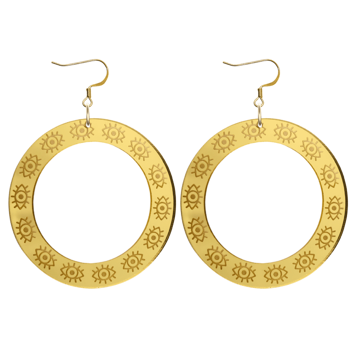 haus of dizzy gold mirror hoop earrings with etched eyes all around hoop size large with gold hooks no circle tops