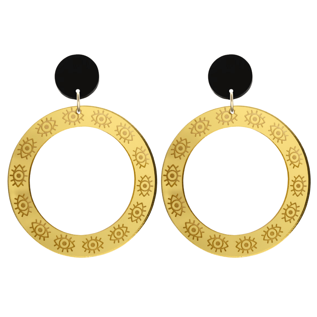haus of dizzy gold mirror hoop earrings with etched eyes all around hoop size large with black circle tops