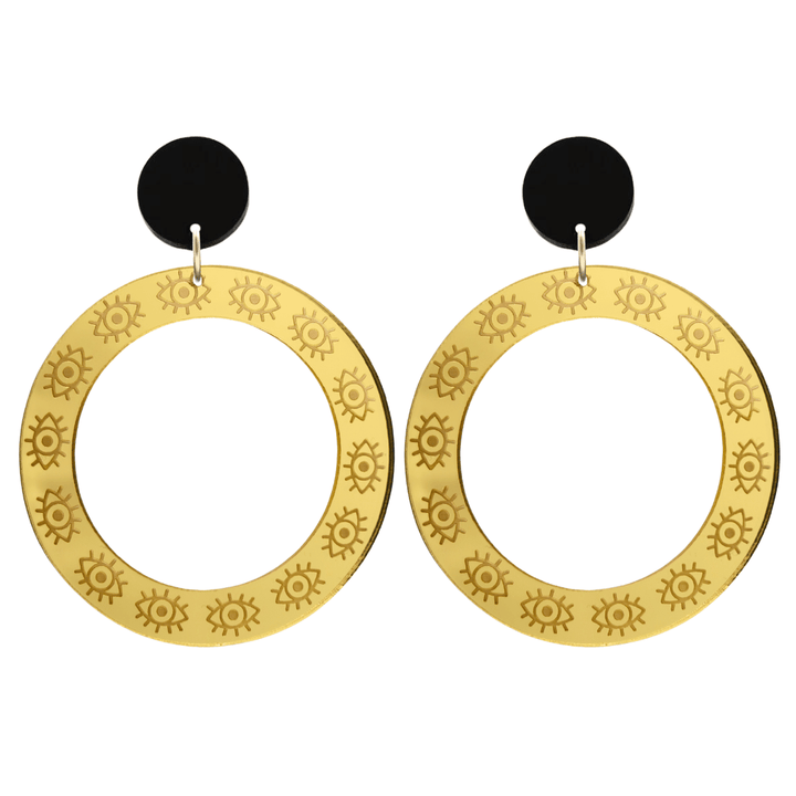 haus of dizzy gold mirror hoop earrings with etched eyes all around hoop size large with black circle tops