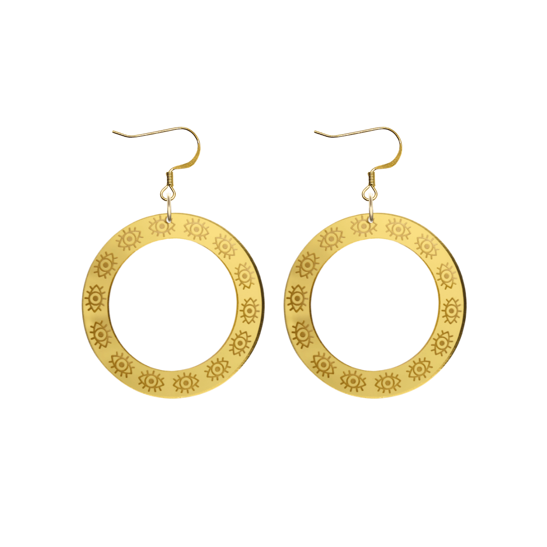 haus of dizzy gold mirror hoop earrings with etched eyes all around hoop size large with gold hooks no circle tops