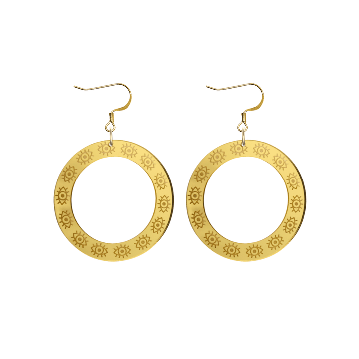 haus of dizzy gold mirror hoop earrings with etched eyes all around hoop size large with gold hooks no circle tops