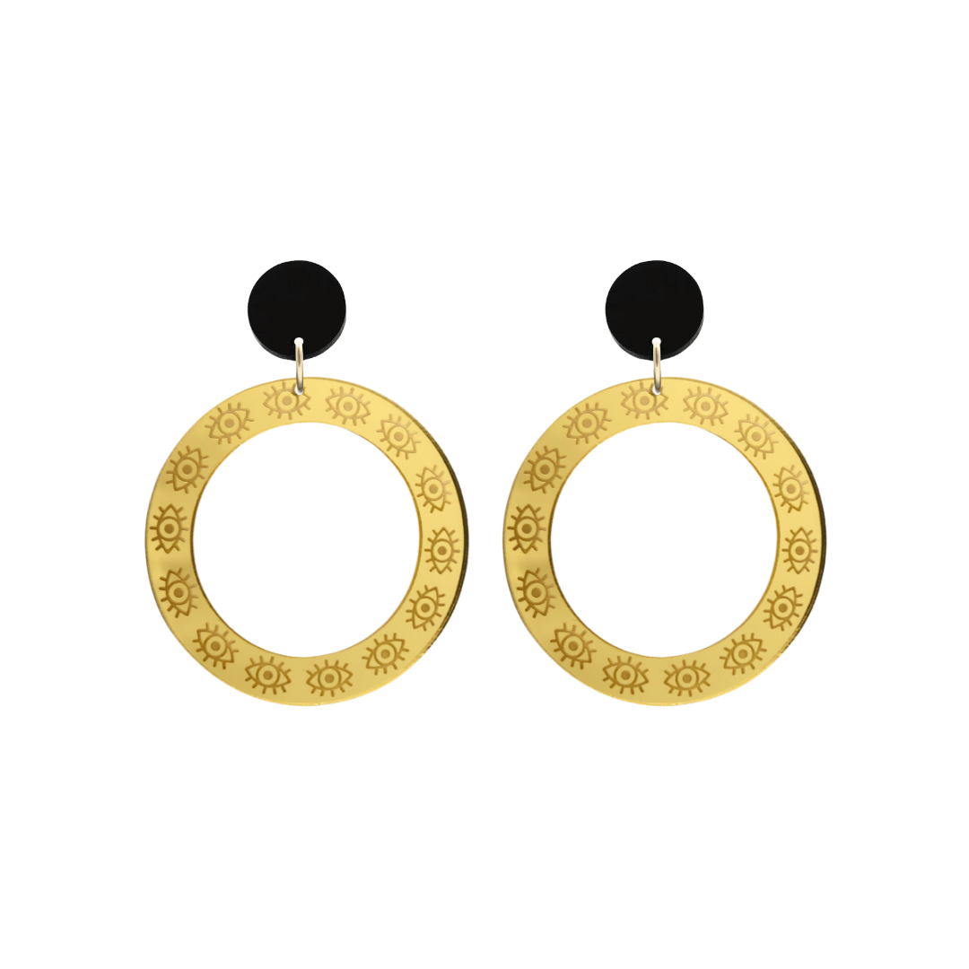 haus of dizzy gold mirror hoop earrings with etched eyes all around hoop size small with black circle tops