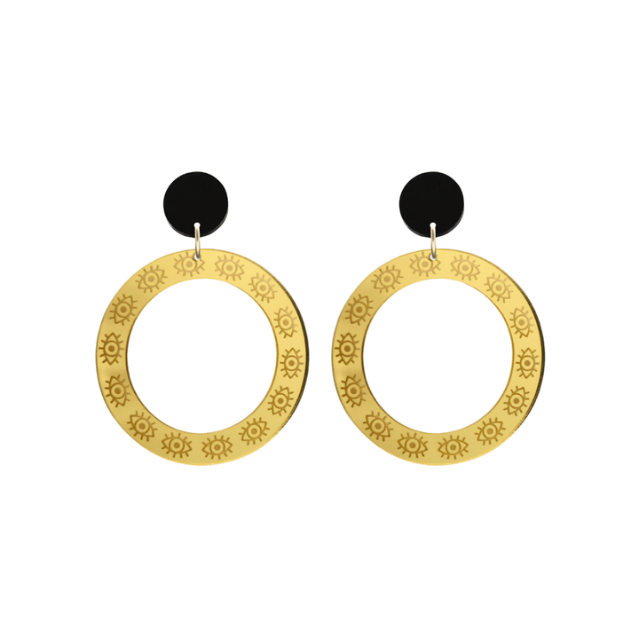haus of dizzy gold mirror hoop earrings with etched eyes all around hoop size small with black circle tops