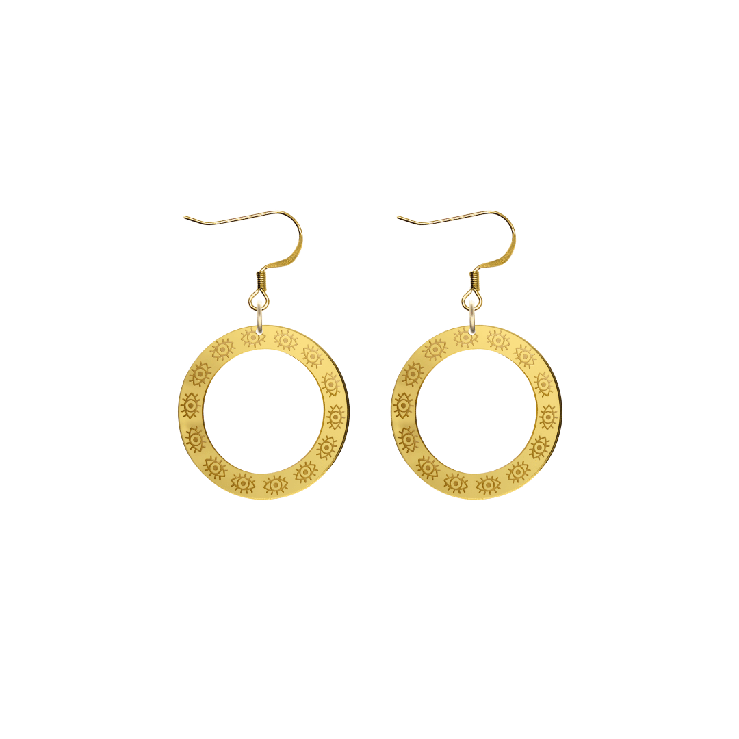 haus of dizzy gold mirror hoop earrings with etched eyes all around hoop size extra small with gold hooks no circle tops