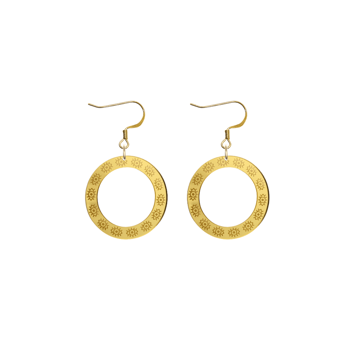 haus of dizzy gold mirror hoop earrings with etched eyes all around hoop size extra small with gold hooks no circle tops