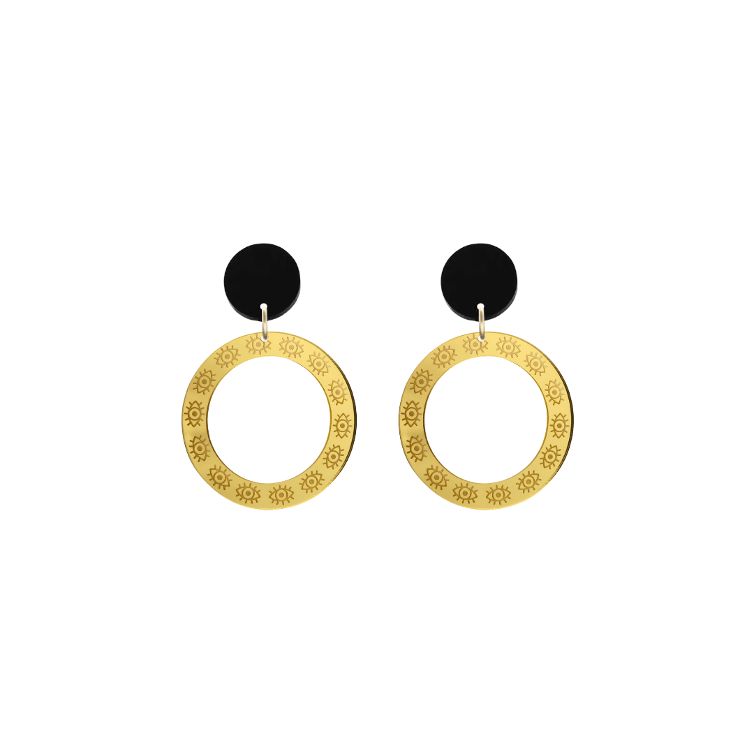 haus of dizzy gold mirror hoop earrings with etched eyes all around hoop size extra small with black circle tops