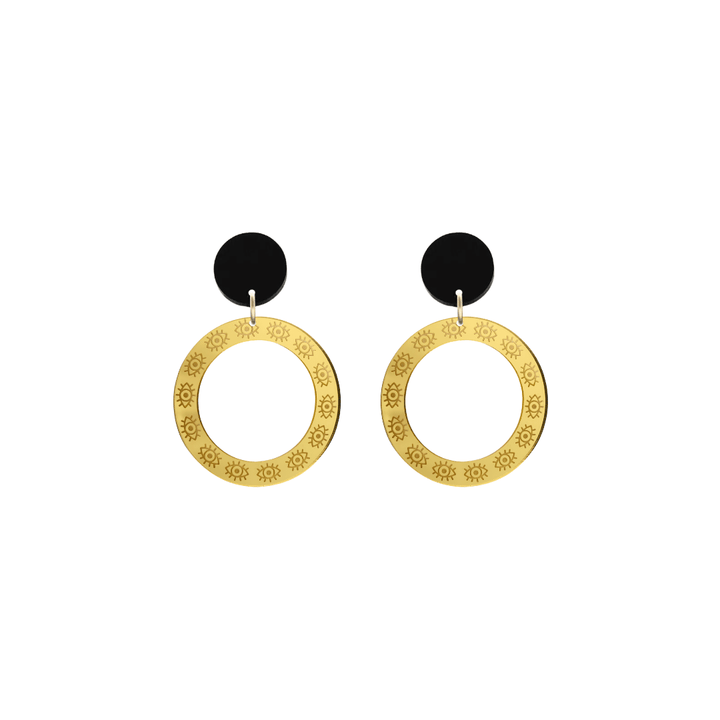 haus of dizzy gold mirror hoop earrings with etched eyes all around hoop size extra small with black circle tops