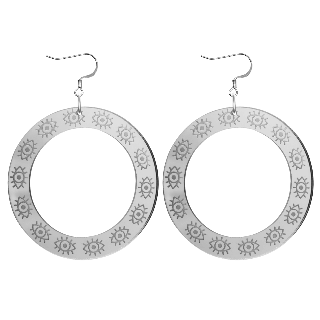 haus of dizzy silver mirror hoop earrings with etched eyes all around hoop size large with silver hooks no circle tops