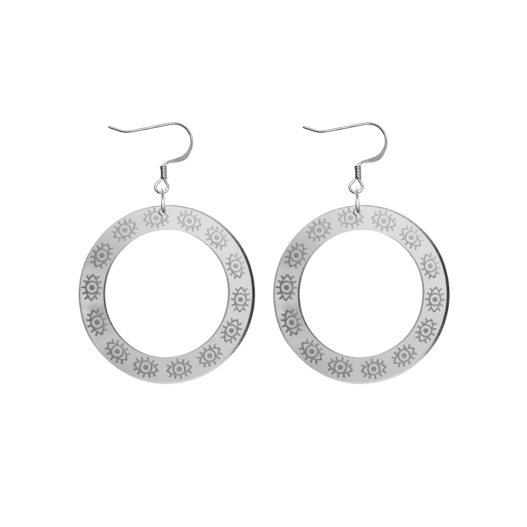 haus of dizzy silver mirror hoop earrings with etched eyes all around hoop size small with silver hooks no circle tops