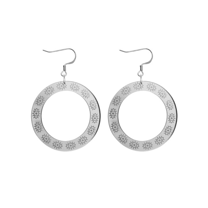 haus of dizzy silver mirror hoop earrings with etched eyes all around hoop size small with silver hooks no circle tops