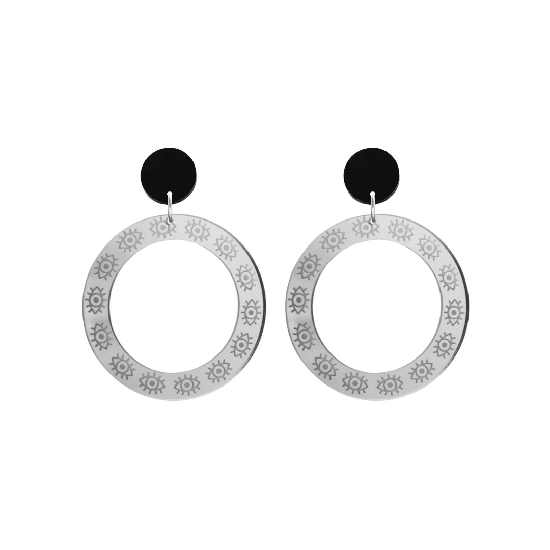 haus of dizzy silver mirror hoop earrings with etched eyes all around hoop size small with black circle tops