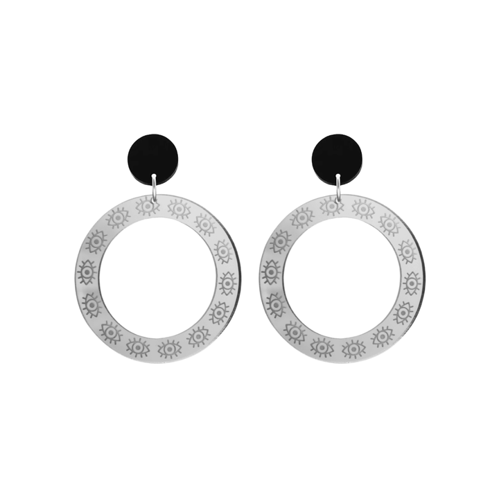 haus of dizzy silver mirror hoop earrings with etched eyes all around hoop size small with black circle tops