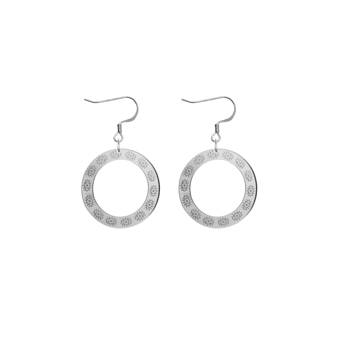 haus of dizzy silver mirror hoop earrings with etched eyes all around hoop size extra small with silver hooks no circle tops