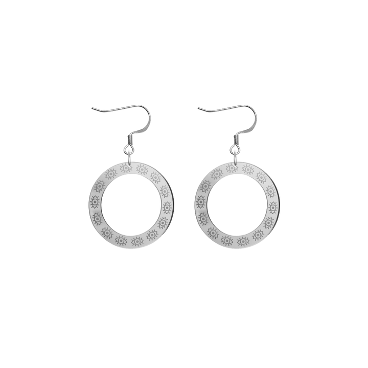 haus of dizzy silver mirror hoop earrings with etched eyes all around hoop size extra small with silver hooks no circle tops