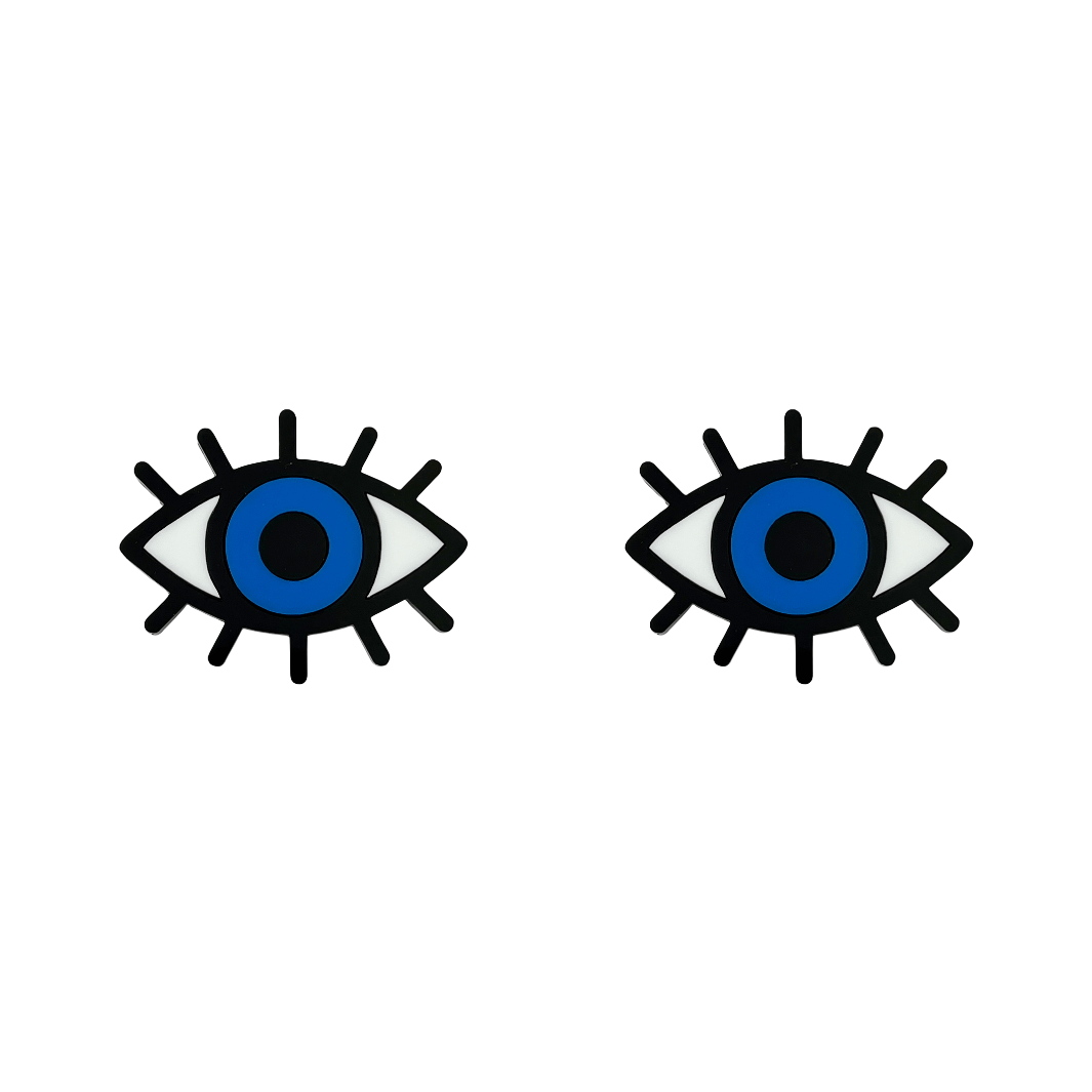 haus of dizzy pair of eye studs in blue, black, and white gloss acrylic