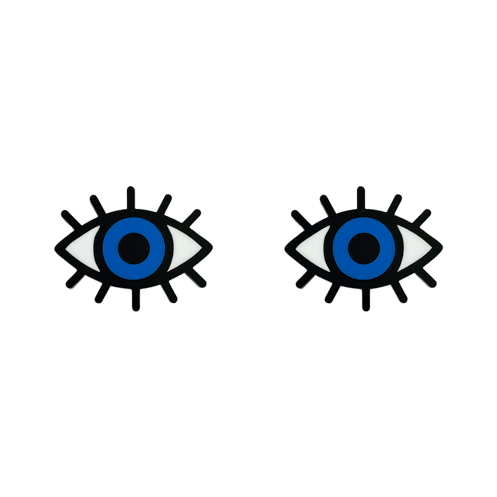 haus of dizzy pair of eye studs in blue, black, and white gloss acrylic