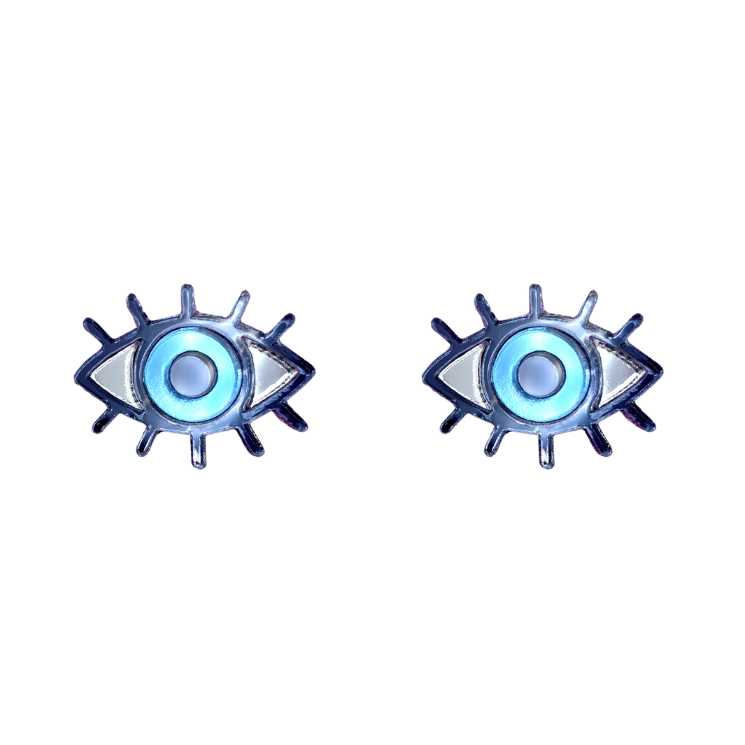 haus of dizzy pair of eye studs in navy, blue, and grey mirror
