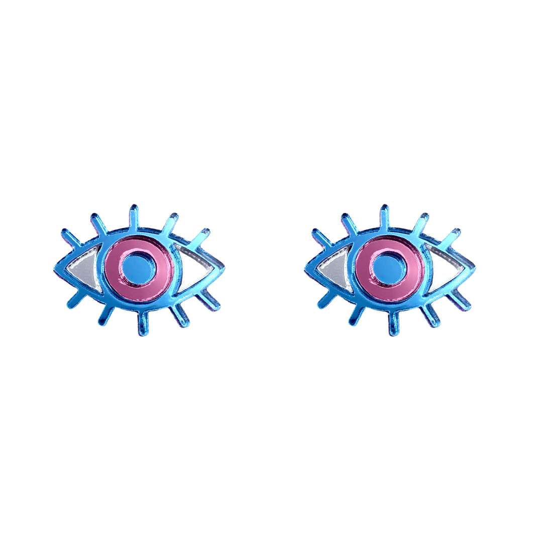 haus of dizzy pair of eye studs in blue, pink, and silver mirror