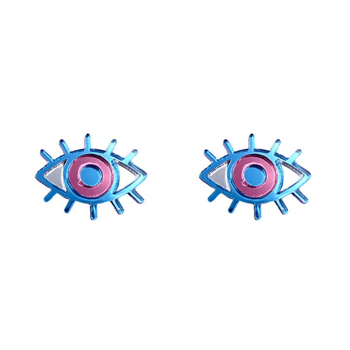 haus of dizzy pair of eye studs in blue, pink, and silver mirror