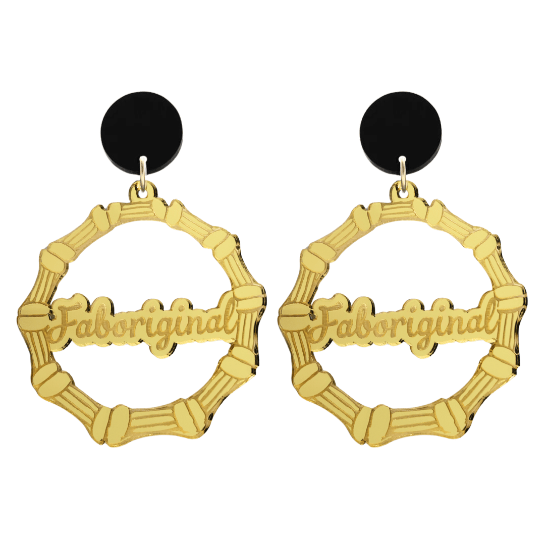 haus of dizzy acrylic gold mirror bamboo hoops with ollie cursive text that reads faboriginal with black circle stud tops size large