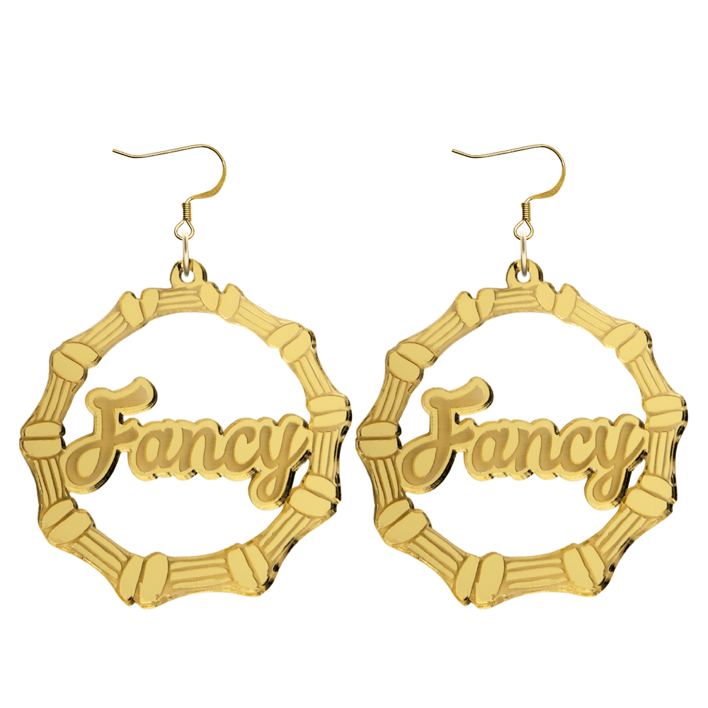 haus of dizzy acrylic gold mirror bamboo hoops with ollie cursive text that reads Fancy with hooks no circle stud tops size large