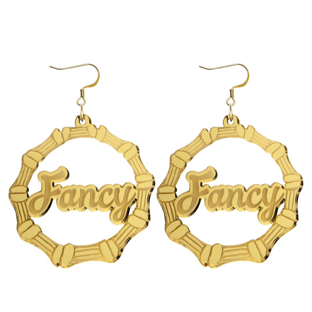 haus of dizzy acrylic gold mirror bamboo hoops with ollie cursive text that reads Fancy with hooks no circle stud tops size large