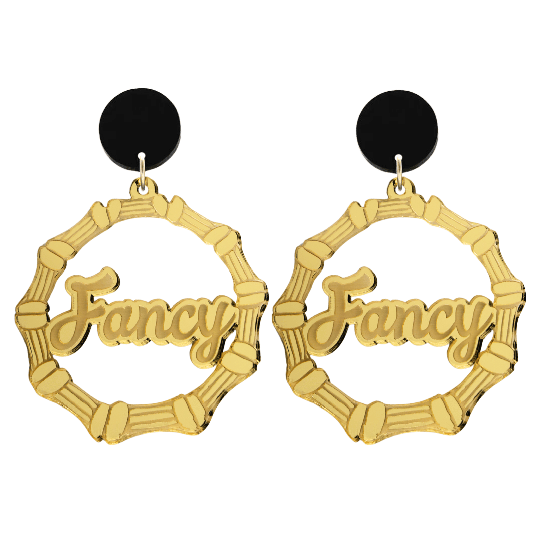haus of dizzy acrylic gold mirror bamboo hoops with ollie cursive text that reads Fancy with black circle stud tops size large