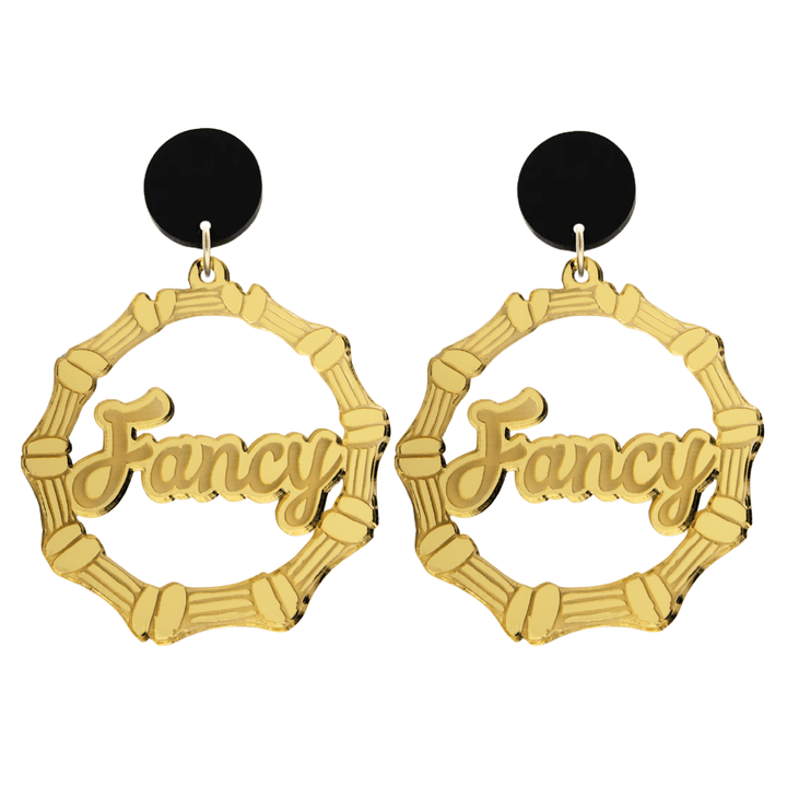 haus of dizzy acrylic gold mirror bamboo hoops with ollie cursive text that reads Fancy with black circle stud tops size large