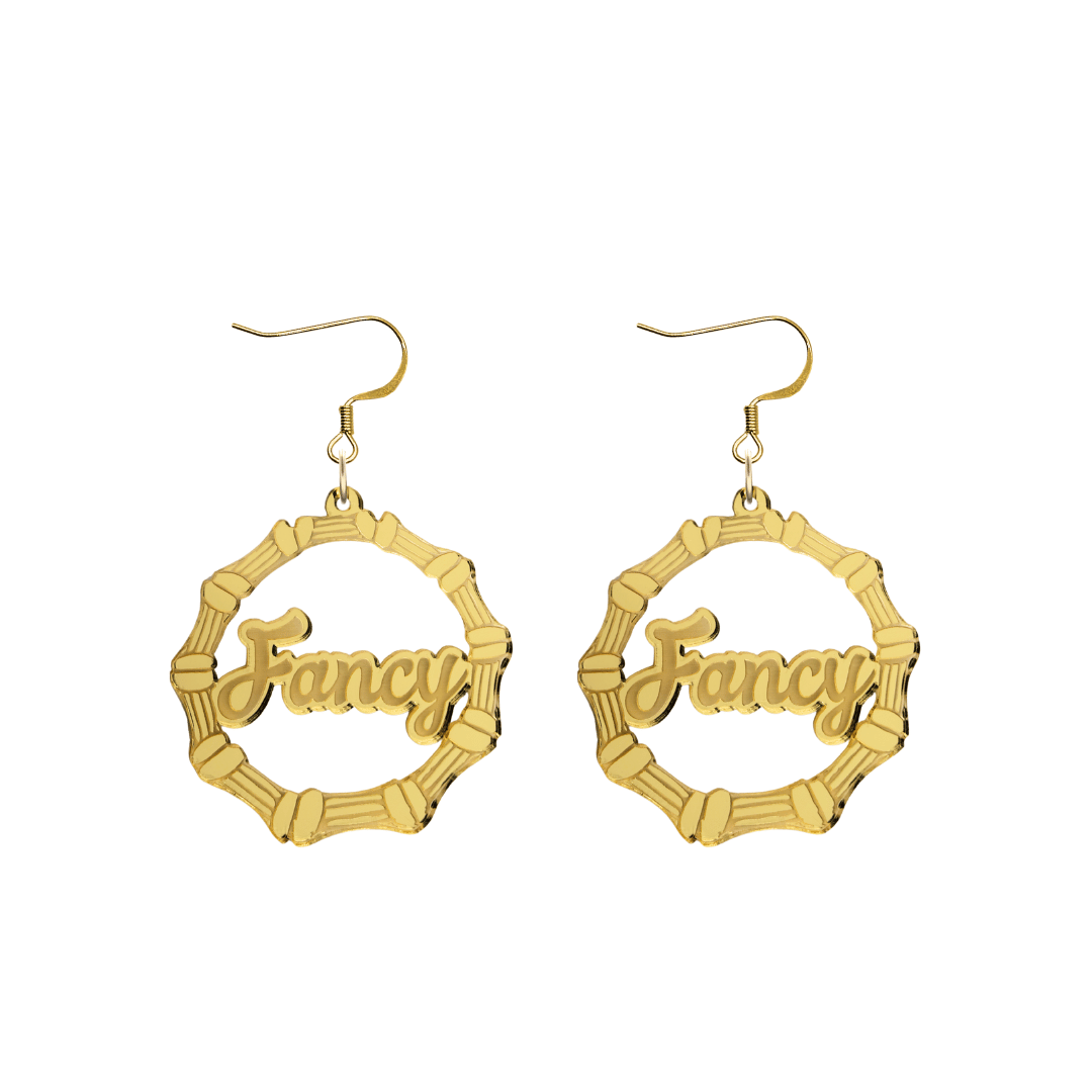 haus of dizzy acrylic gold mirror bamboo hoops with ollie cursive text that reads Fancy with hooks no circle stud tops size small