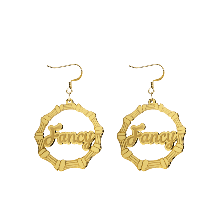 haus of dizzy acrylic gold mirror bamboo hoops with ollie cursive text that reads Fancy with hooks no circle stud tops size small