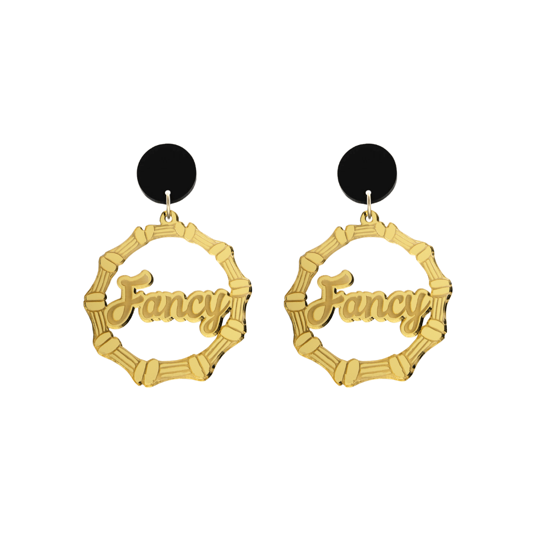 haus of dizzy acrylic gold mirror bamboo hoops with ollie cursive text that reads Fancy with black circle stud tops size small