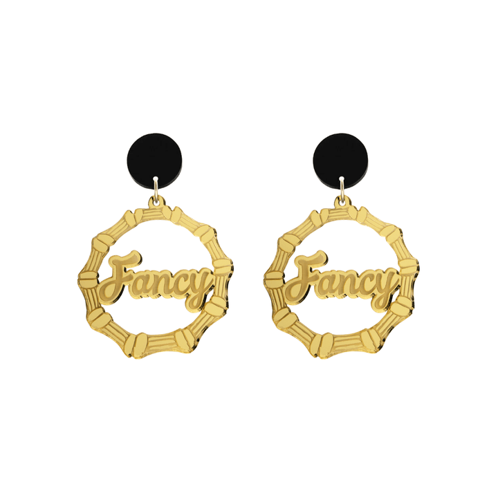 haus of dizzy acrylic gold mirror bamboo hoops with ollie cursive text that reads Fancy with black circle stud tops size small