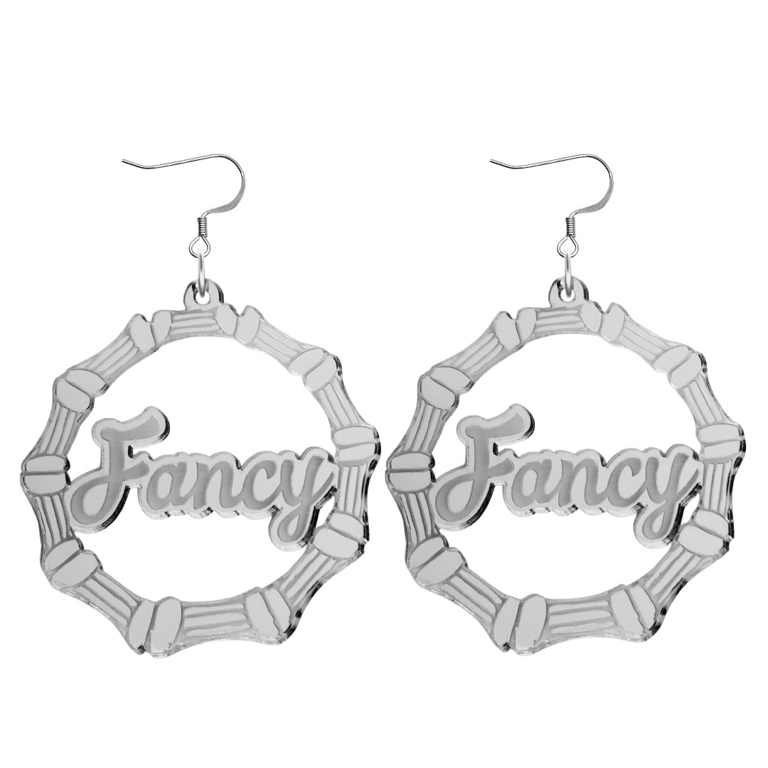 haus of dizzy acrylic silver mirror bamboo hoops with ollie cursive text that reads Fancy with hooks no circle stud tops size large