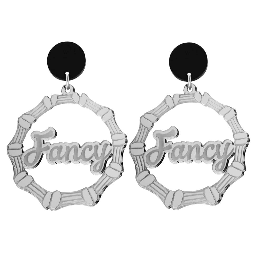 haus of dizzy acrylic silver mirror bamboo hoops with ollie cursive text that reads Fancy with black circle stud tops size large
