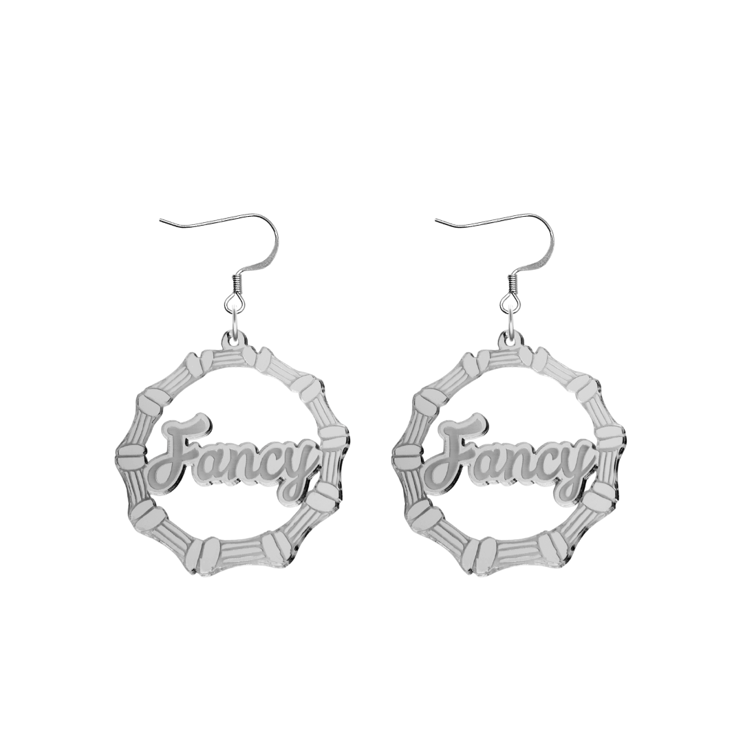 haus of dizzy acrylic silver mirror bamboo hoops with ollie cursive text that reads Fancy with hooks no circle stud tops size small