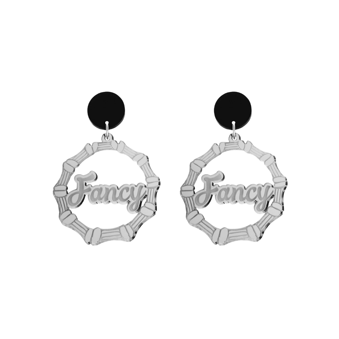 haus of dizzy acrylic silver mirror bamboo hoops with ollie cursive text that reads Fancy with black circle stud tops size small