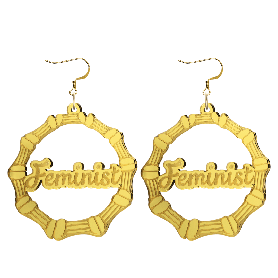 haus of dizzy acrylic gold mirror bamboo hoops with ollie cursive text that reads feminist with hooks no circle stud tops size large