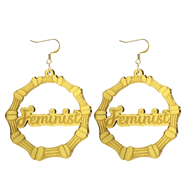 haus of dizzy acrylic gold mirror bamboo hoops with ollie cursive text that reads feminist with hooks no circle stud tops size large