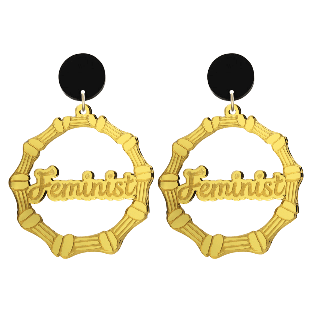 haus of dizzy acrylic gold mirror bamboo hoops with ollie cursive text that reads feminist with black circle stud tops size large