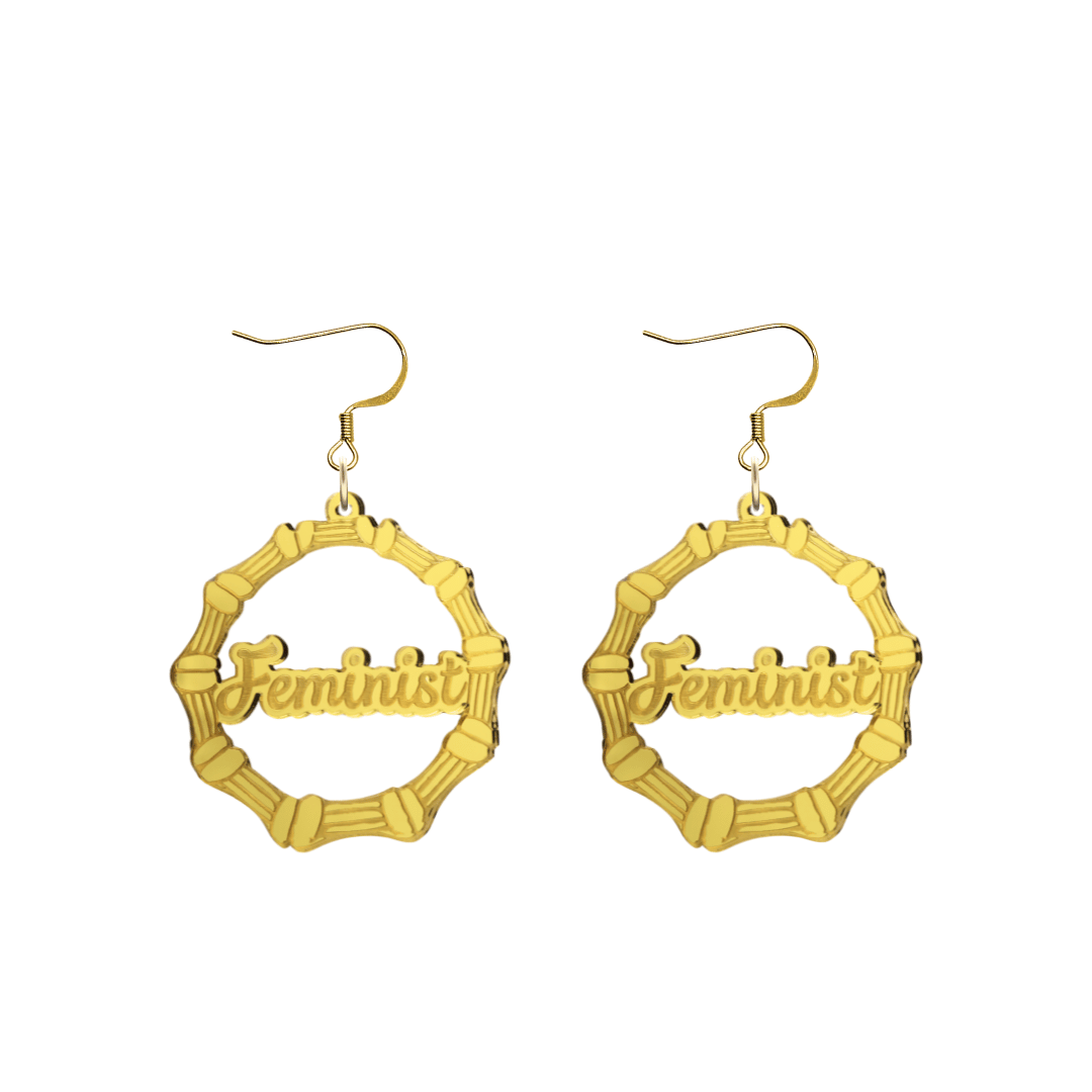 haus of dizzy acrylic gold mirror bamboo hoops with ollie cursive text that reads feminist with hooks no circle stud tops size small