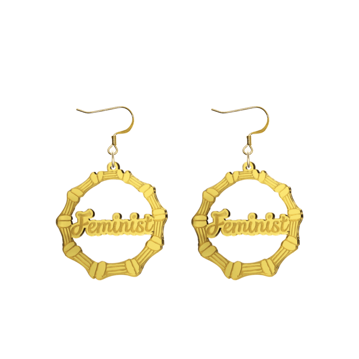 haus of dizzy acrylic gold mirror bamboo hoops with ollie cursive text that reads feminist with hooks no circle stud tops size small