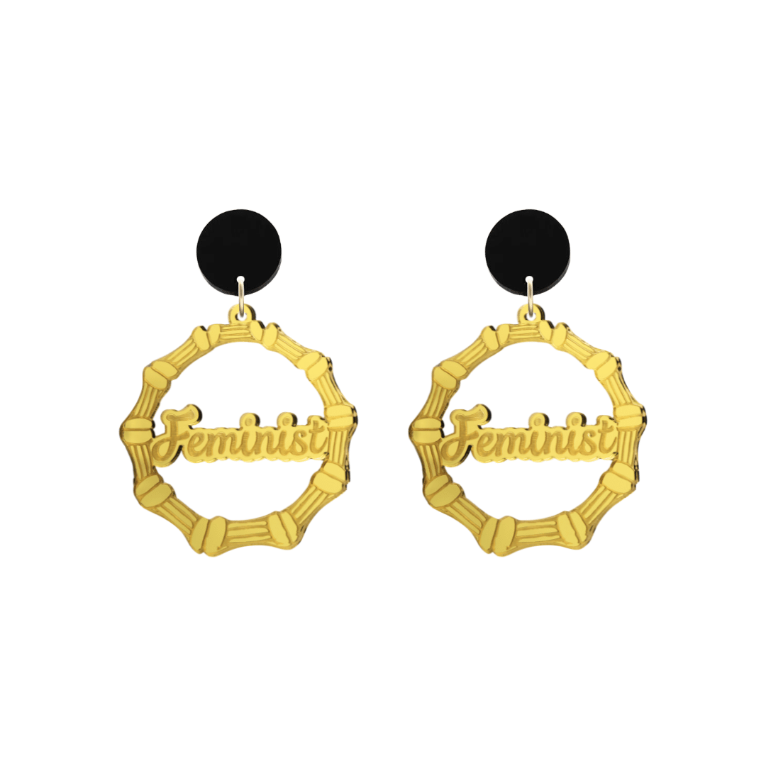 haus of dizzy acrylic gold mirror bamboo hoops with ollie cursive text that reads feminist with black circle stud tops size small