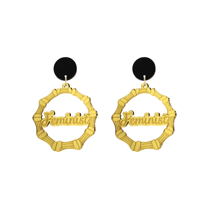 haus of dizzy acrylic gold mirror bamboo hoops with ollie cursive text that reads feminist with black circle stud tops size small