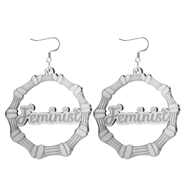 haus of dizzy acrylic silver mirror bamboo hoops with ollie cursive text that reads feminist with hooks no circle stud tops size large