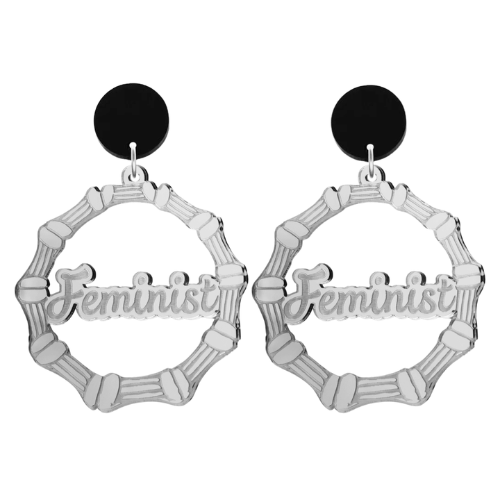 haus of dizzy acrylic silver mirror bamboo hoops with ollie cursive text that reads feminist with black circle stud tops size large