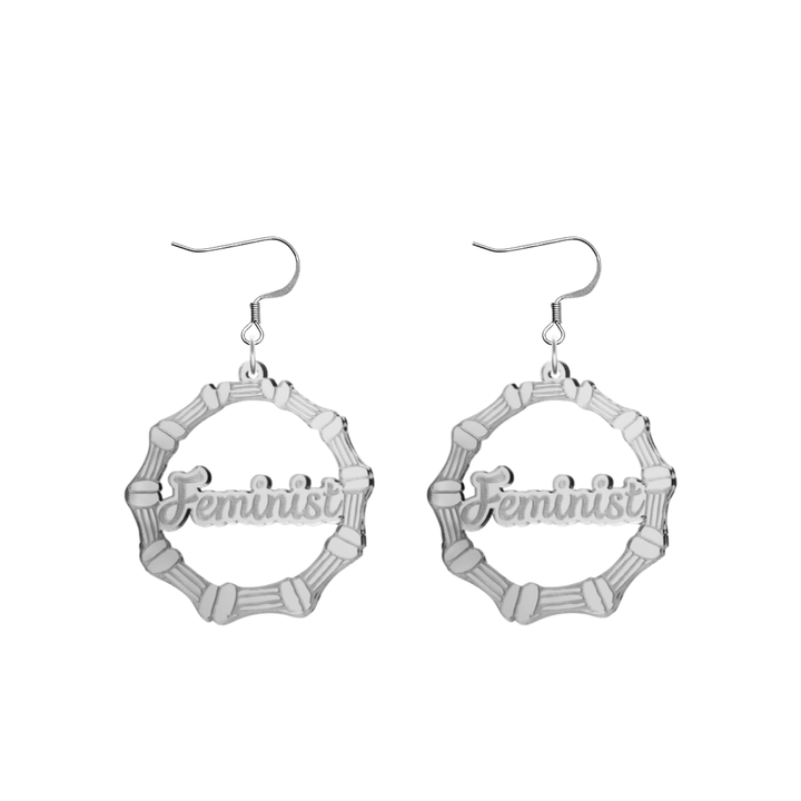 haus of dizzy acrylic silver mirror bamboo hoops with ollie cursive text that reads feminist with hooks no circle stud tops size small