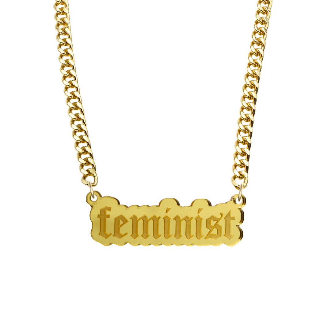 haus of dizzy gold necklace with 'feminist' acrylic pendant size large