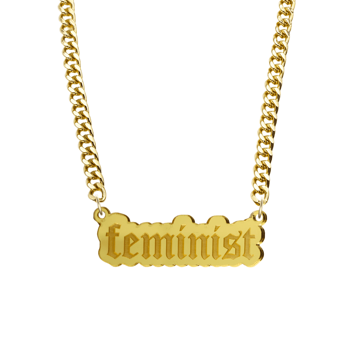 haus of dizzy gold necklace with 'feminist' acrylic pendant size large