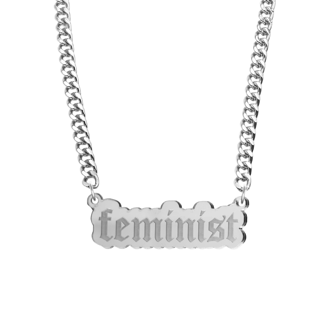 haus of dizzy silver necklace with 'feminist' acrylic pendant size large