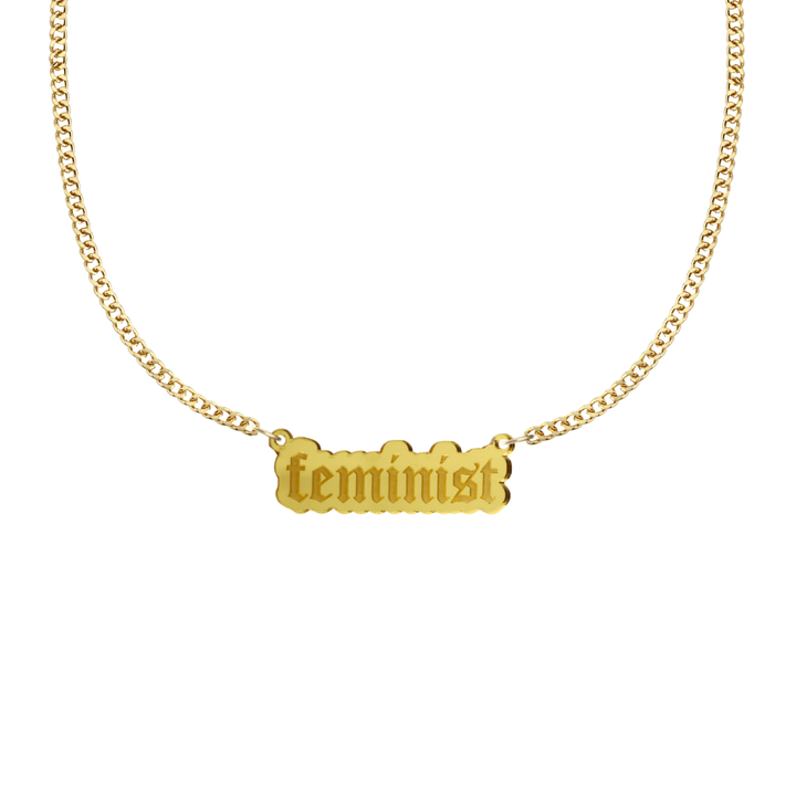 haus of dizzy gold necklace with 'feminist' acrylic pendant size small